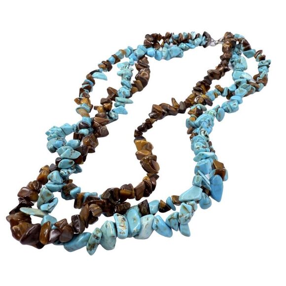 VTG Blue Turquoise Tiger Eye Layering Necklace 18" Bohemian Southwestern Boho - Picture 5 of 9